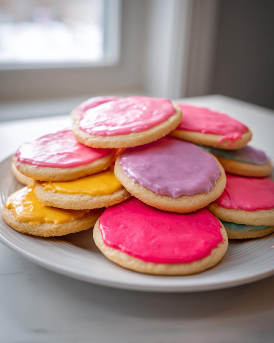 A stack of round sugar cookies topped with brightly colored, smooth sugar cookie icing that hardens.