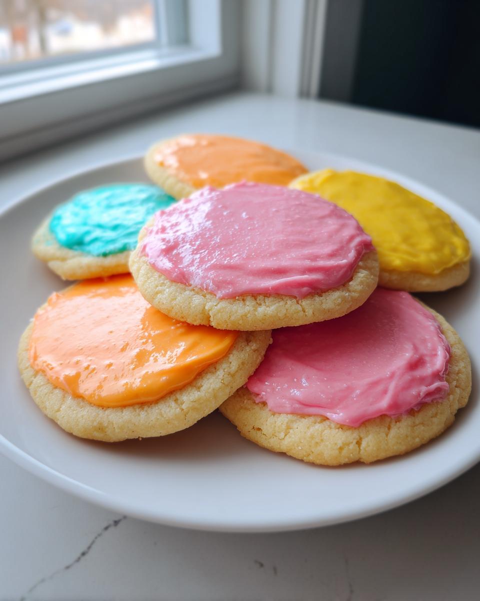 A plate of soft sugar cookies topped with brightly colored sugar cookie icing that hardens in pink, orange, yellow, and blue.
