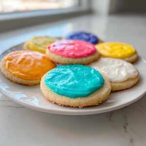 Plate of sugar cookies topped with brightly colored sugar cookie icing that hardens, featuring blue, pink, orange, and yellow frosting.