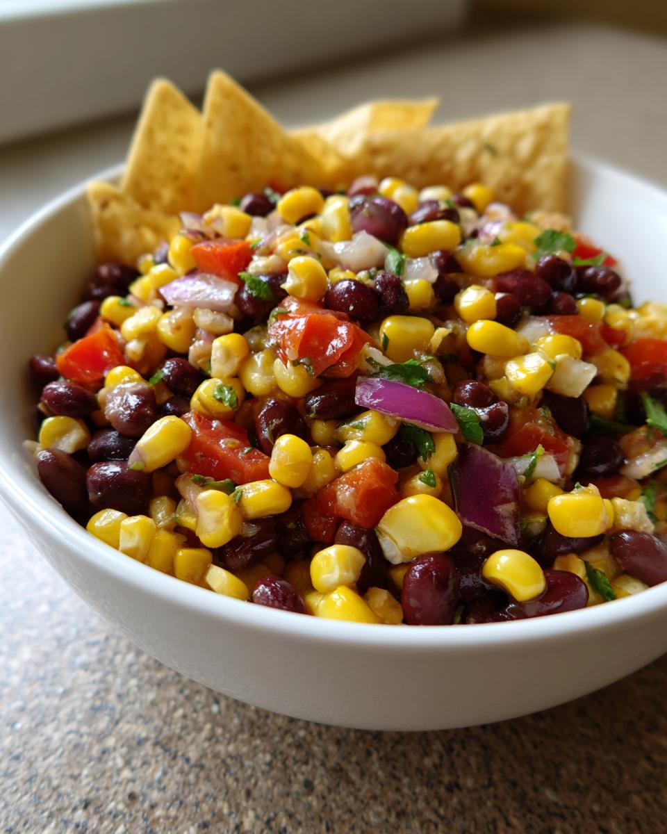 Close-up of a white bowl filled with colorful cowboy caviar, featuring corn, black beans, tomatoes, and red onion, served with tortilla chips.