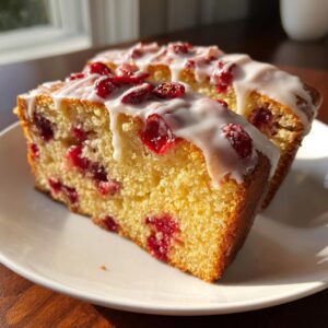Two slices of moist cranberry orange cake topped with white glaze and dried cranberries.