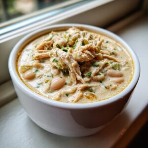 Close-up of a white bowl filled with creamy, shredded cream cheese chicken chili featuring white beans and green herbs.