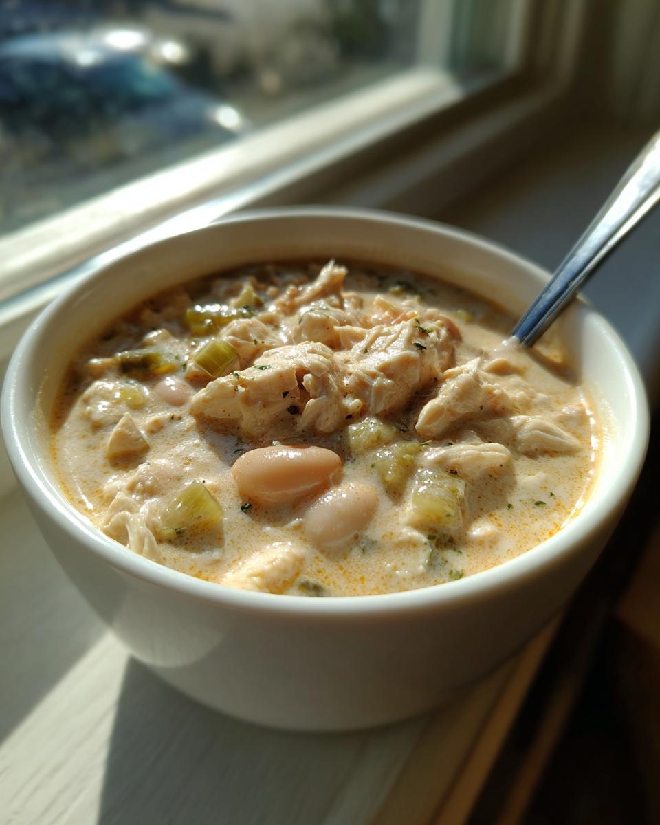 A white bowl filled with creamy, shredded cream cheese chicken chili, featuring white beans and celery, set near a sunlit window.