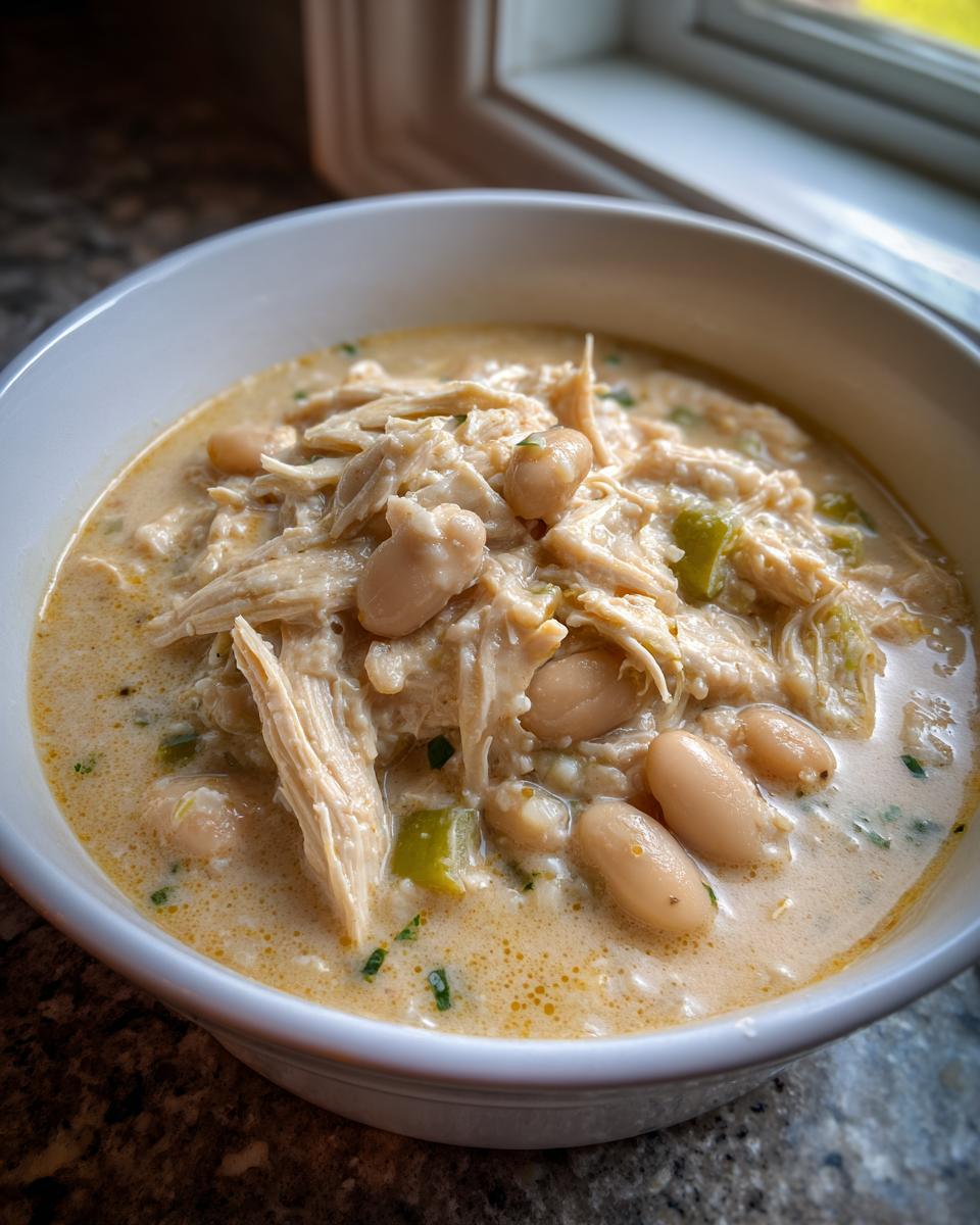 A close-up of a white bowl filled with creamy, shredded cream cheese chicken chili featuring white beans and green specks.