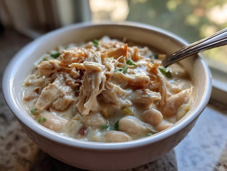 Close-up of a white bowl filled with creamy white bean and shredded chicken chili, the cream cheese chicken chili is topped with more chicken.