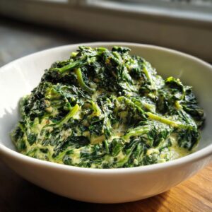 A close-up of rich, homemade creamed spinach recipe served generously in a white bowl.