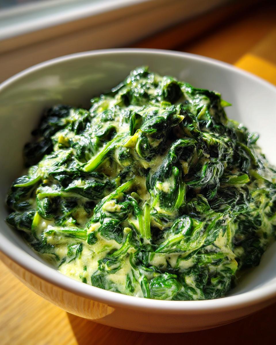 Close-up of rich, vibrant green creamed spinach recipe served in a white bowl.