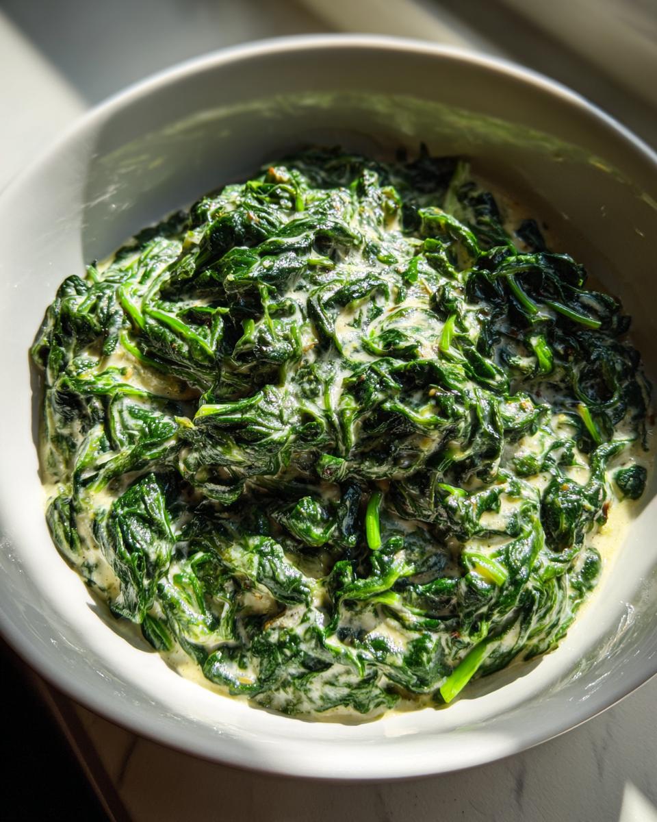 Close-up of rich, vibrant green creamed spinach recipe served in a light-colored bowl under bright sunlight.