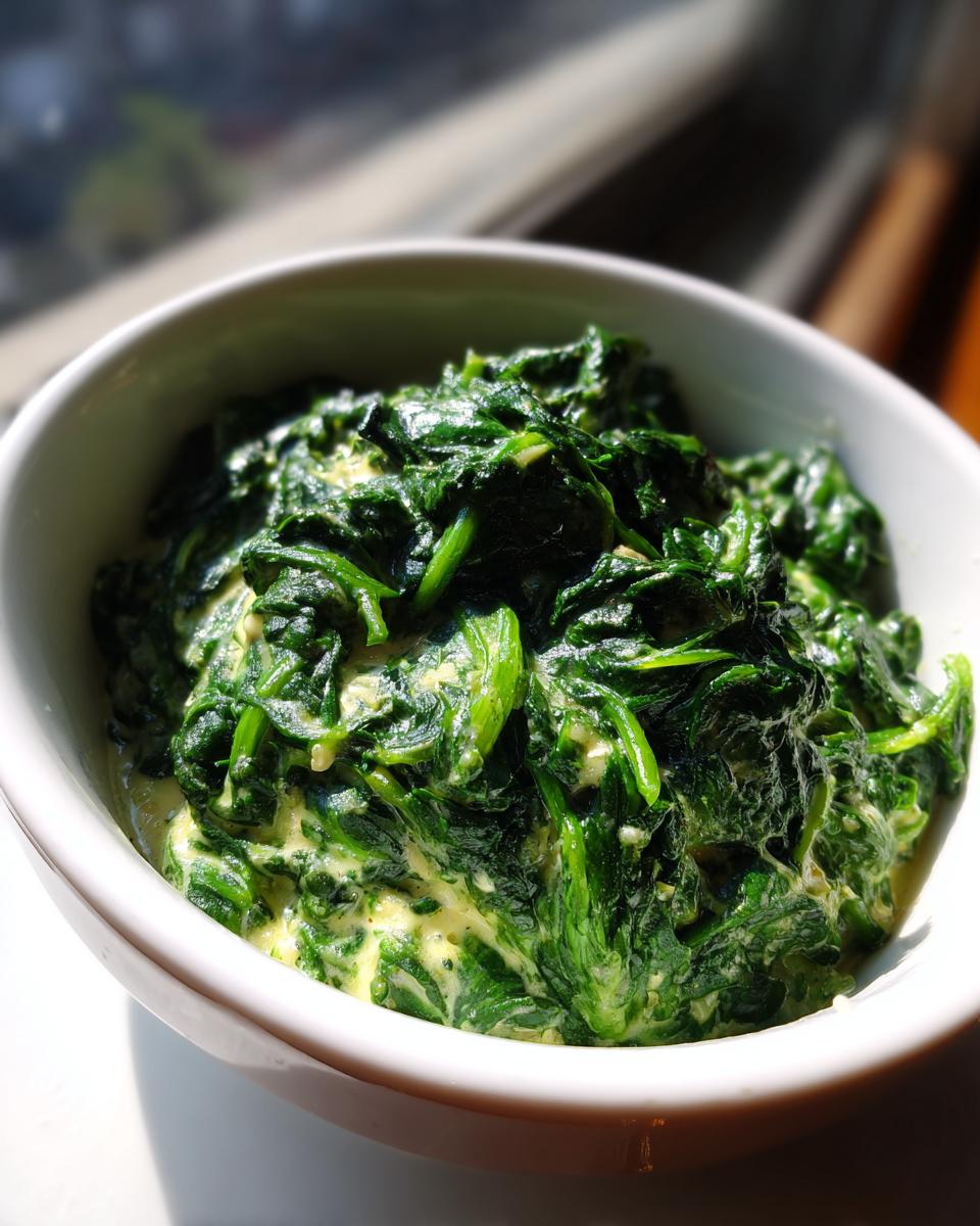 A white bowl filled with vibrant green, rich creamed spinach recipe, highlighted by natural sunlight.