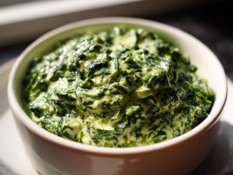 Close-up of a white bowl filled with rich, vibrant green creamed spinach recipe.