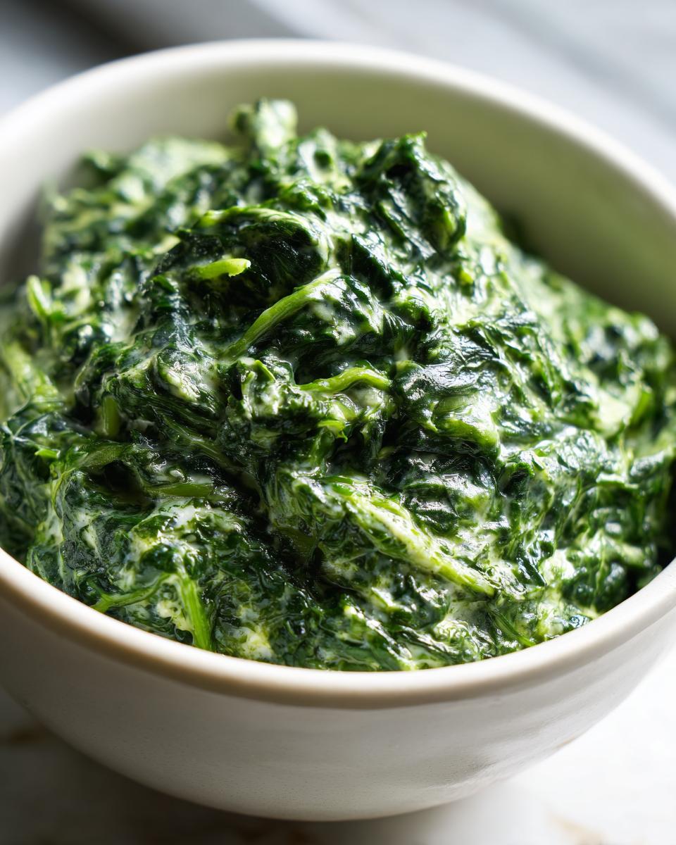 Close-up of rich, bright green creamed spinach recipe served in a small white bowl.