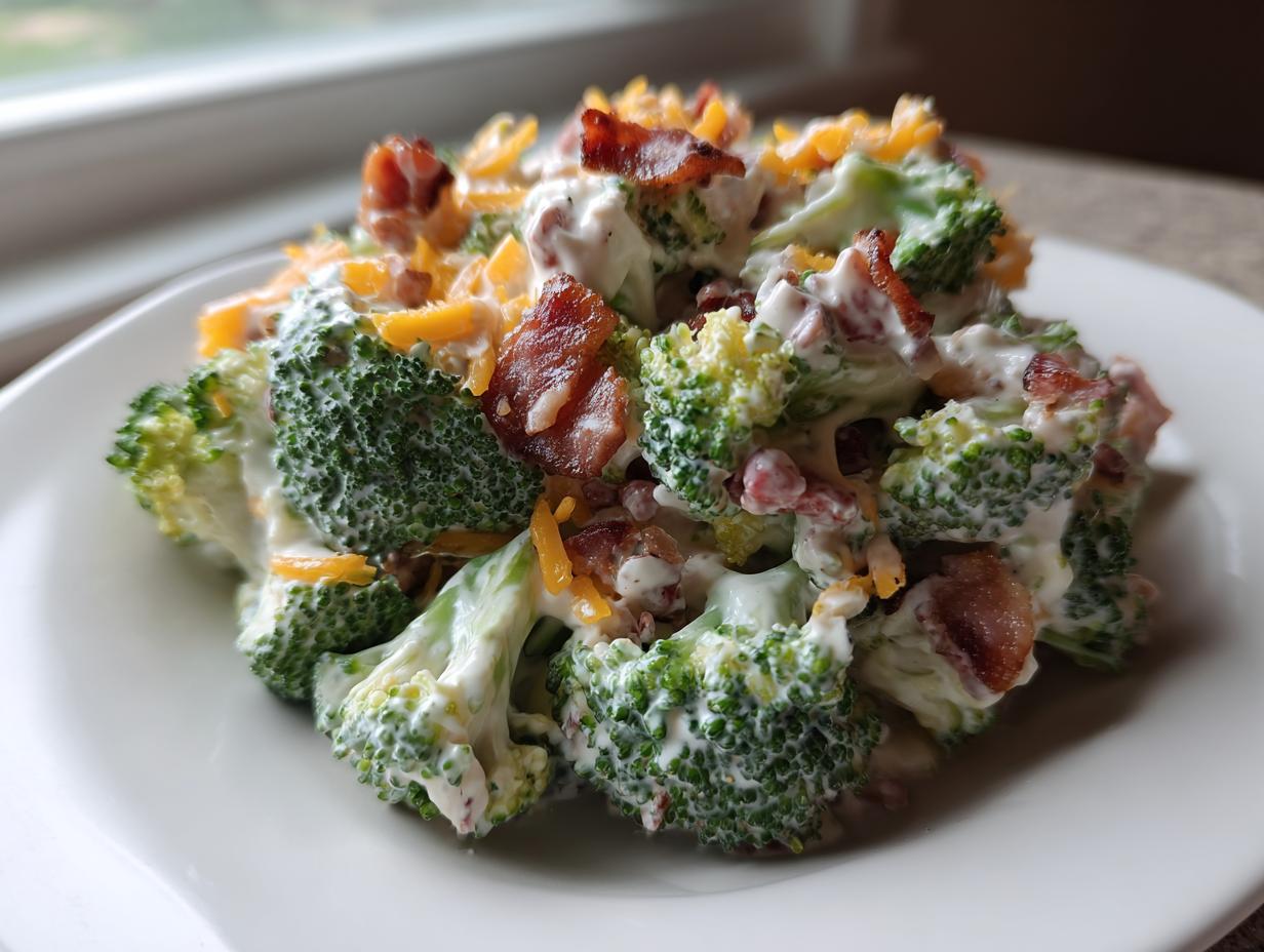 A close-up of creamy broccoli salad mixed with bacon bits and shredded cheddar cheese.