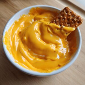 Close-up of a pretzel cracker being dipped into a bowl of smooth, vibrant orange beer cheese.