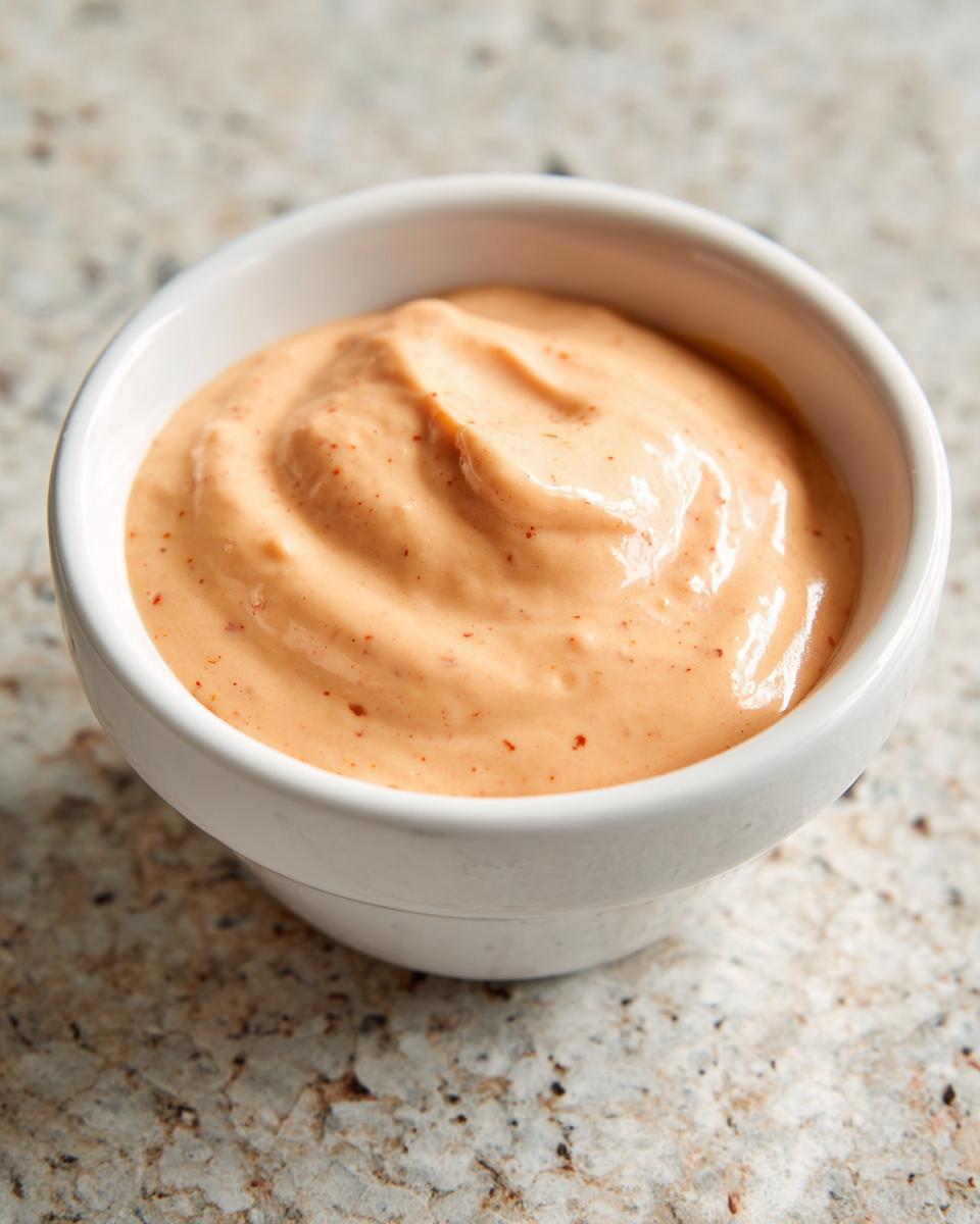 Close-up of creamy, orange-hued big mac sauce swirled in a small white dipping bowl.