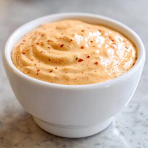 Close-up of creamy, orange-tinted big mac sauce speckled with red spices in a small white dipping bowl.