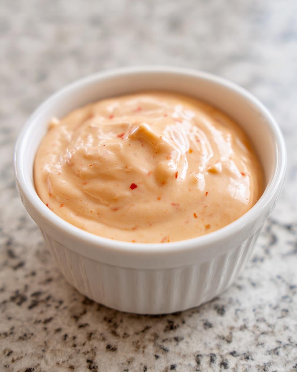 Close-up of creamy, orange-tinted big mac sauce speckled with red relish pieces in a small white bowl.