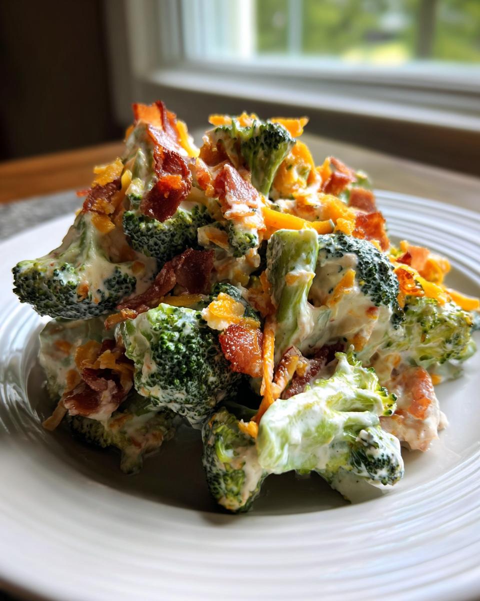 A serving of creamy broccoli salad topped with crispy bacon bits and shredded cheddar cheese.