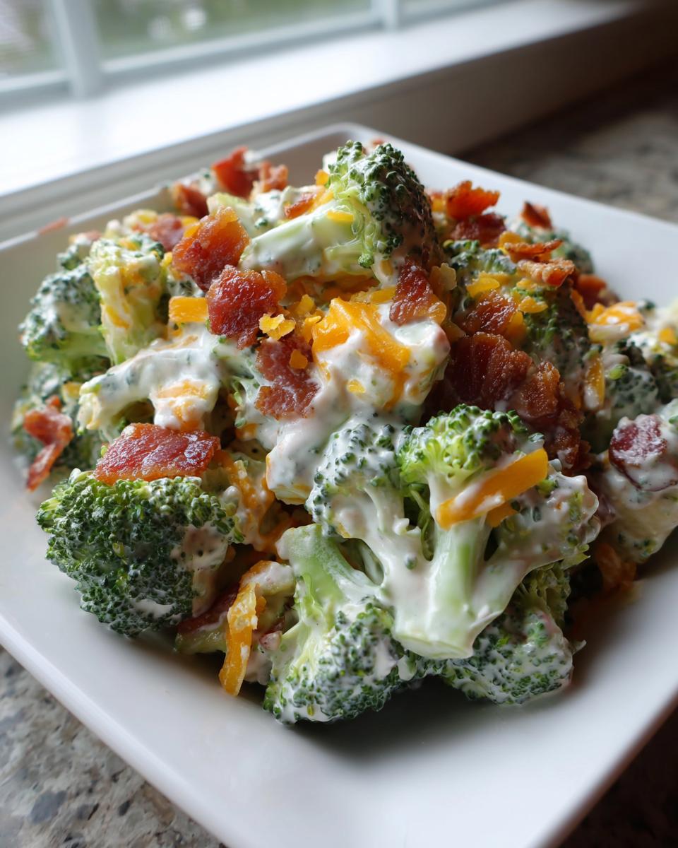 Close-up of a bowl of creamy broccoli salad topped generously with crumbled bacon and shredded cheddar cheese.