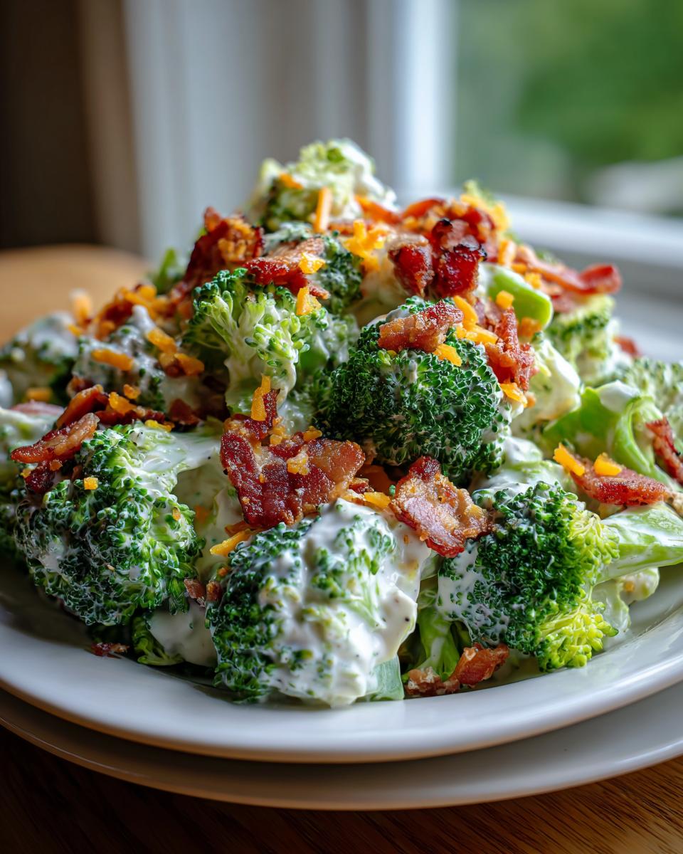 Close-up of a creamy broccoli salad piled high with crisp bacon pieces and shredded cheddar cheese.