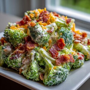 A close-up of creamy broccoli salad topped generously with crispy bacon pieces and shredded cheddar cheese.