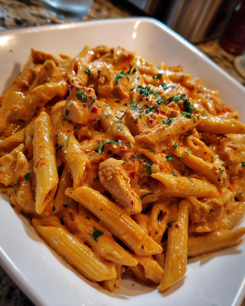 Close-up shot of rich, orange-hued creamy cajun chicken pasta featuring penne noodles and chunks of chicken, garnished with parsley.