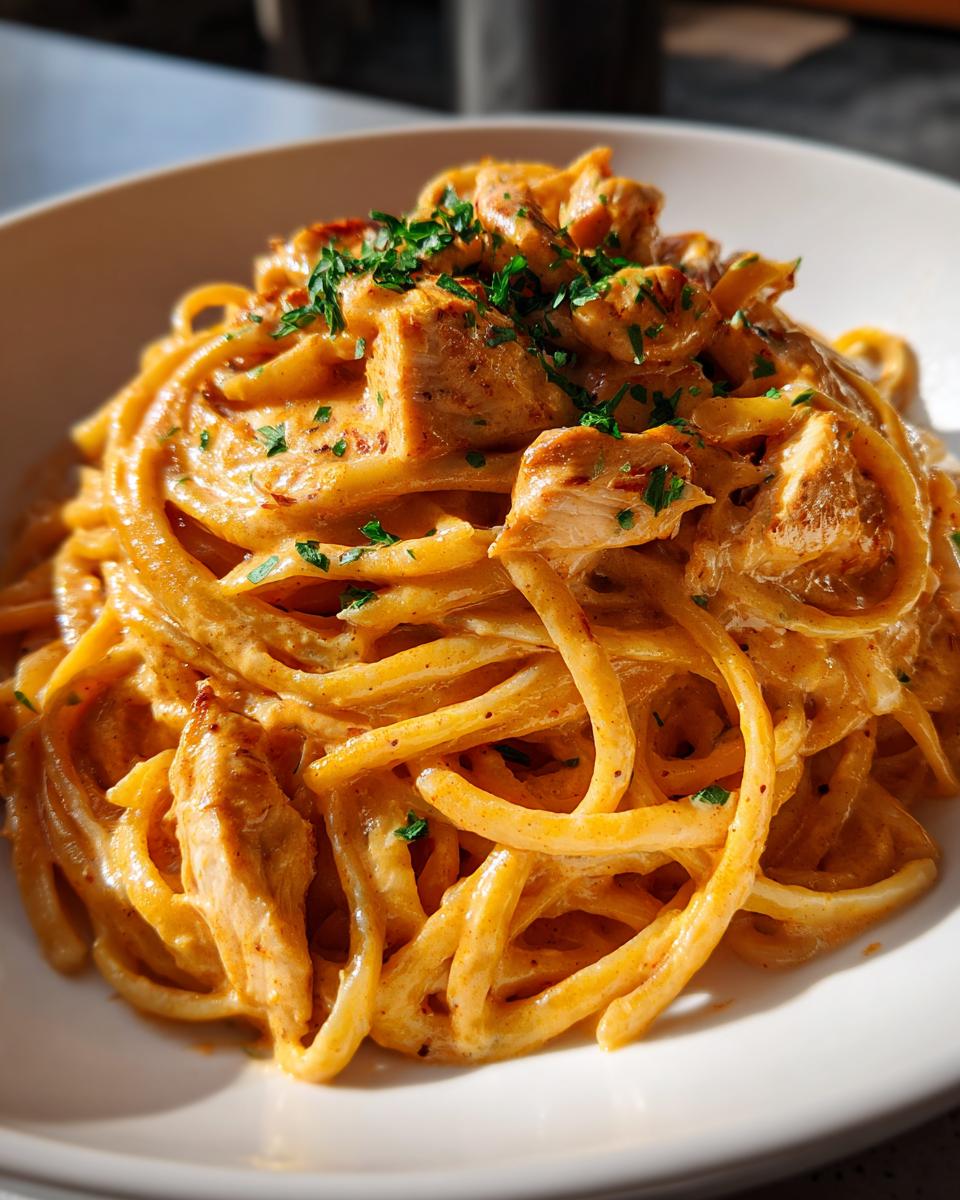 A close-up, appetizing shot of creamy cajun chicken pasta tossed in a rich orange sauce and topped with diced chicken and fresh parsley.