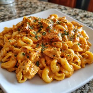 A close-up of rich, orange-hued creamy cajun chicken pasta served on a square white plate, garnished with parsley.