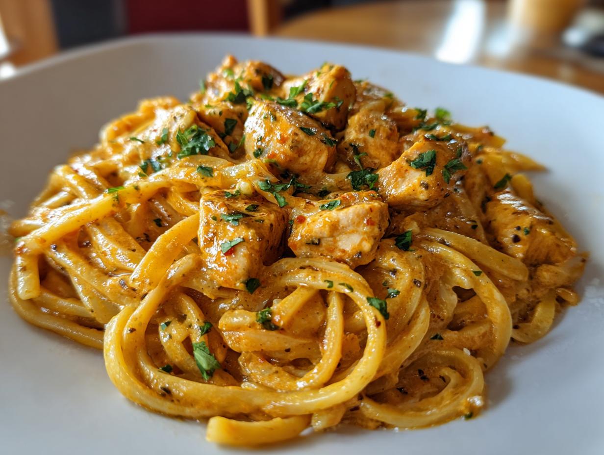 A close-up, appetizing shot of creamy cajun chicken pasta, featuring thick noodles coated in orange sauce and topped with seasoned chicken chunks and parsley.