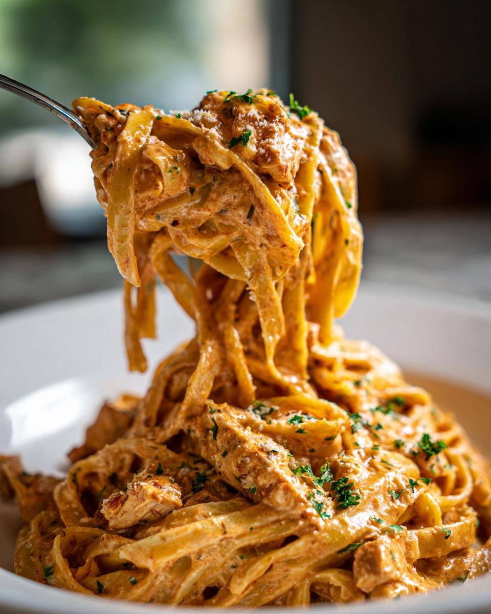 A fork lifting a generous serving of creamy cajun chicken pasta coated in a rich, orange sauce.