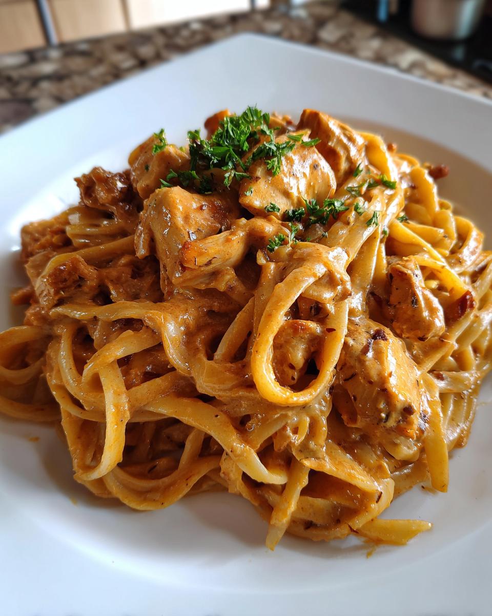 Close-up of a generous serving of creamy cajun chicken pasta tossed in a rich orange sauce, garnished with fresh parsley.