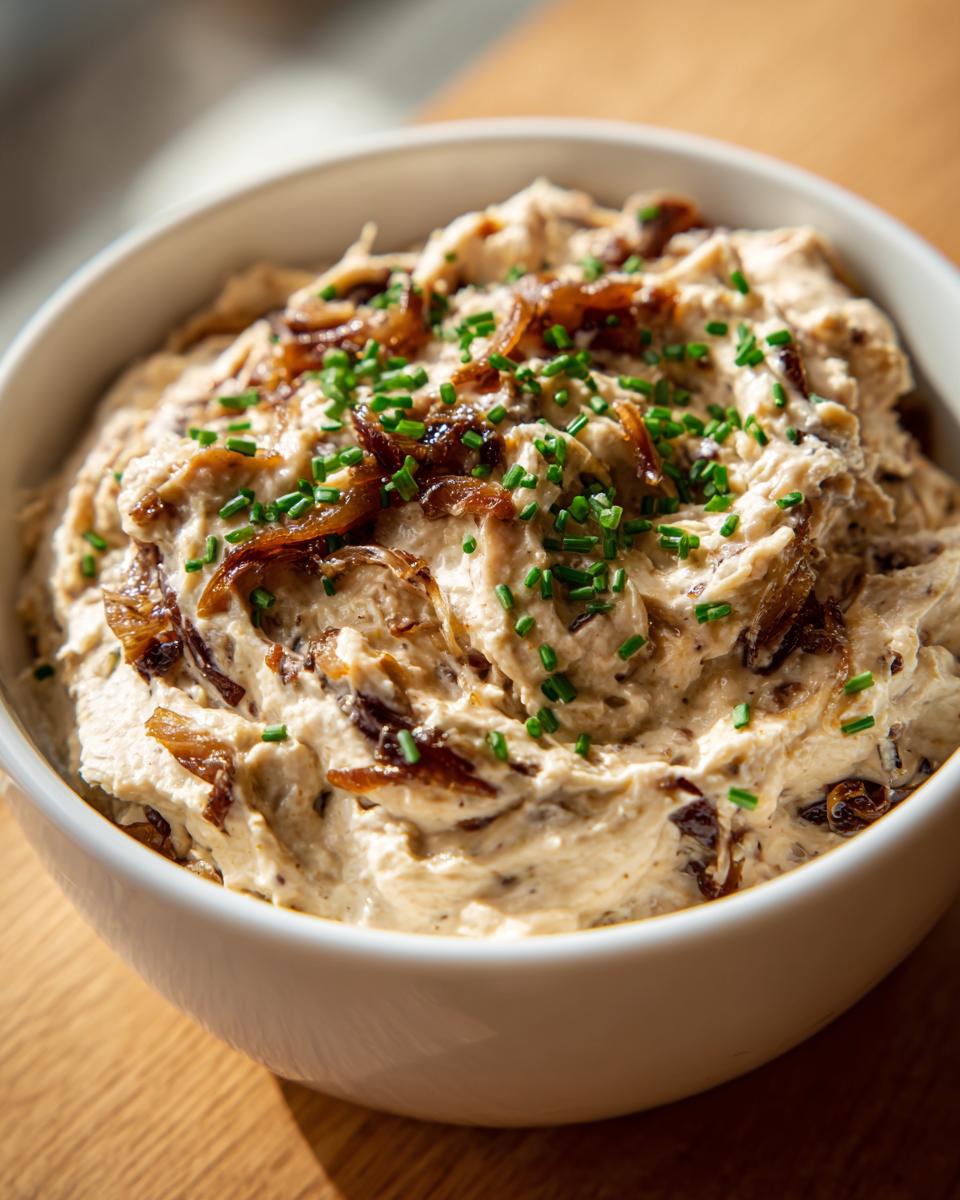 Close-up of creamy caramelized onion dip in a white bowl, garnished with caramelized onions and fresh chives.