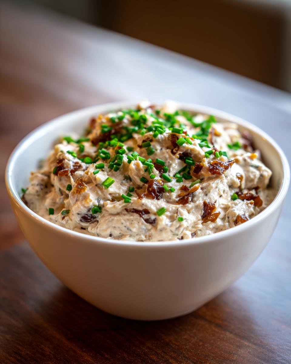 A white bowl filled with creamy caramelized onion dip, garnished generously with chopped chives and caramelized onion pieces.