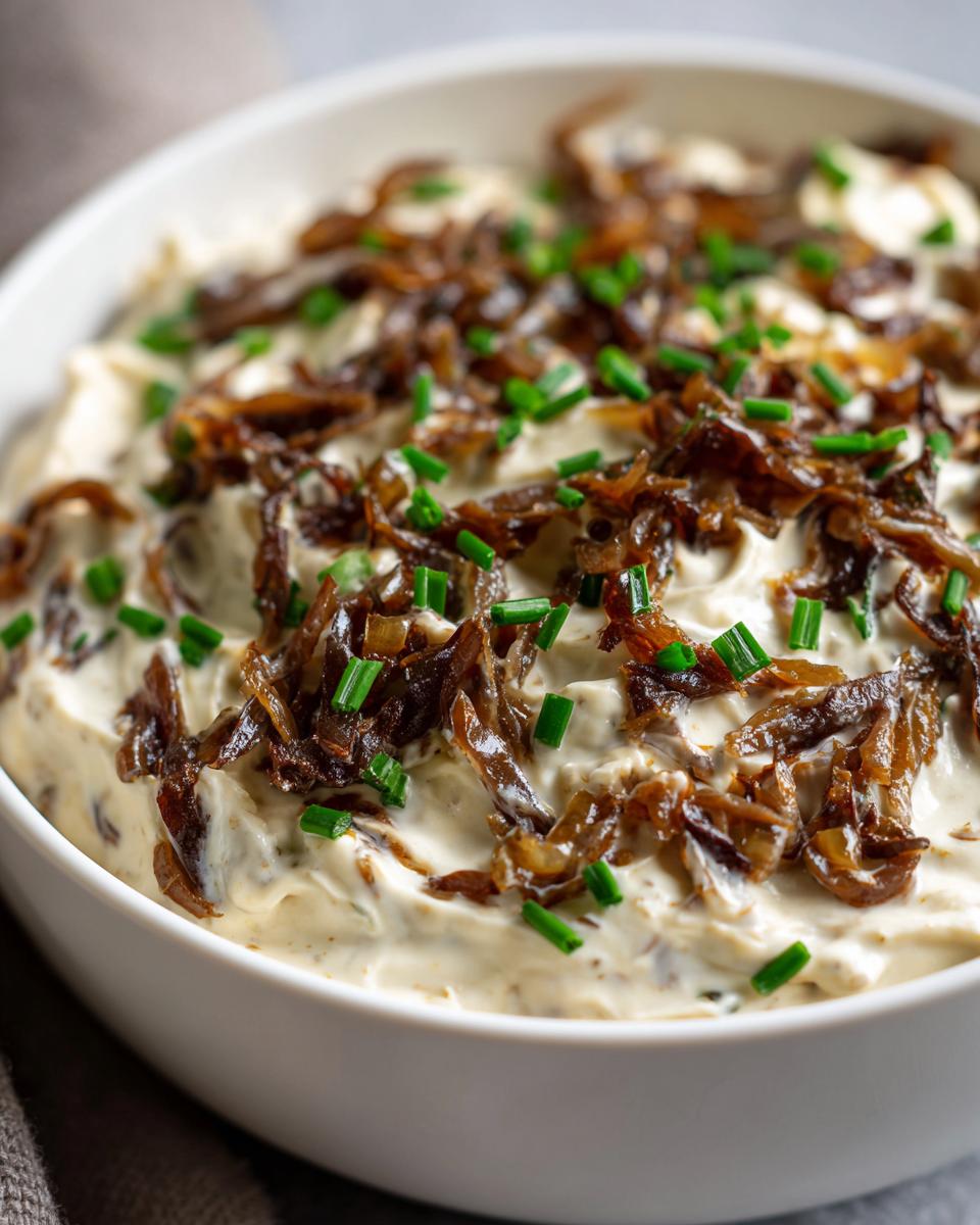 Close-up of a white bowl filled with creamy caramelized onion dip, topped generously with dark caramelized onions and fresh green chives.