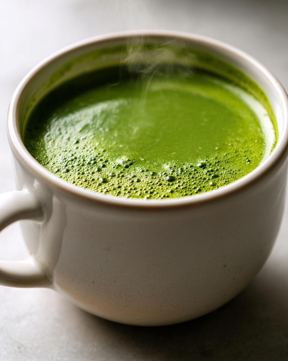 Close-up of a steaming, vibrant green, creamy celery soup served in a rustic white mug.