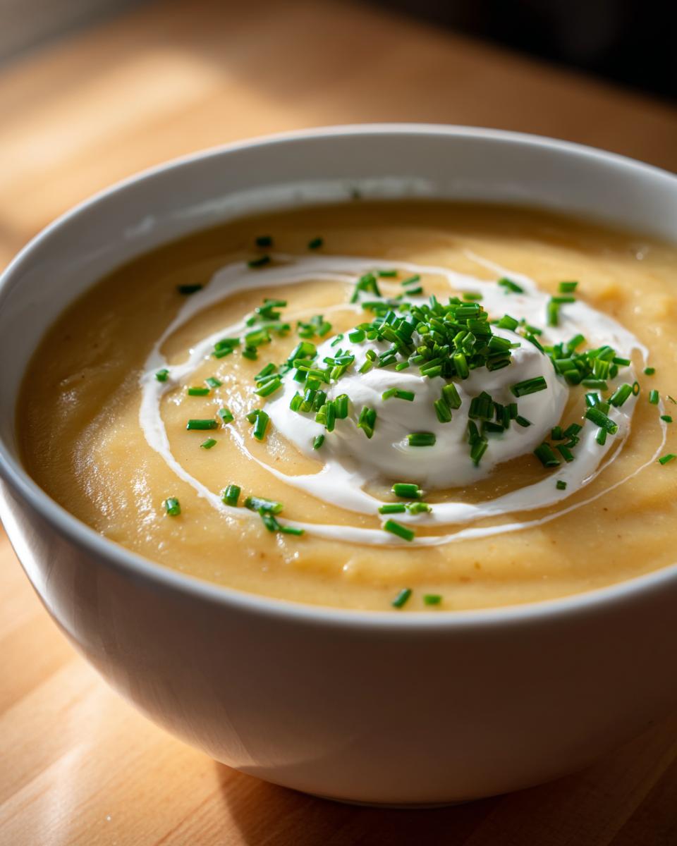 Close-up of a bowl of creamy, yellow cheese soup garnished with a swirl of sour cream and fresh chopped chives.