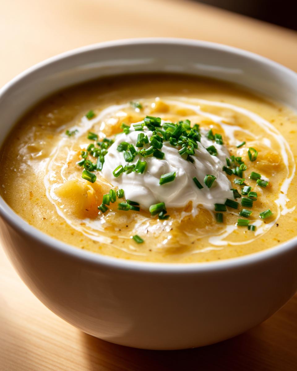 Close-up of a bowl of creamy, golden cheese soup topped with sour cream and fresh chopped chives.