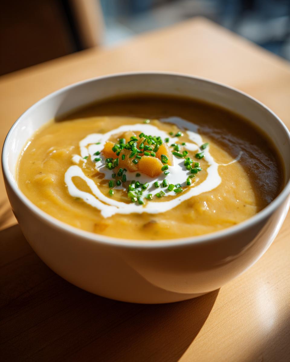 Close-up of a creamy, golden cheese soup topped with sour cream swirl, diced orange vegetables, and fresh green chives.