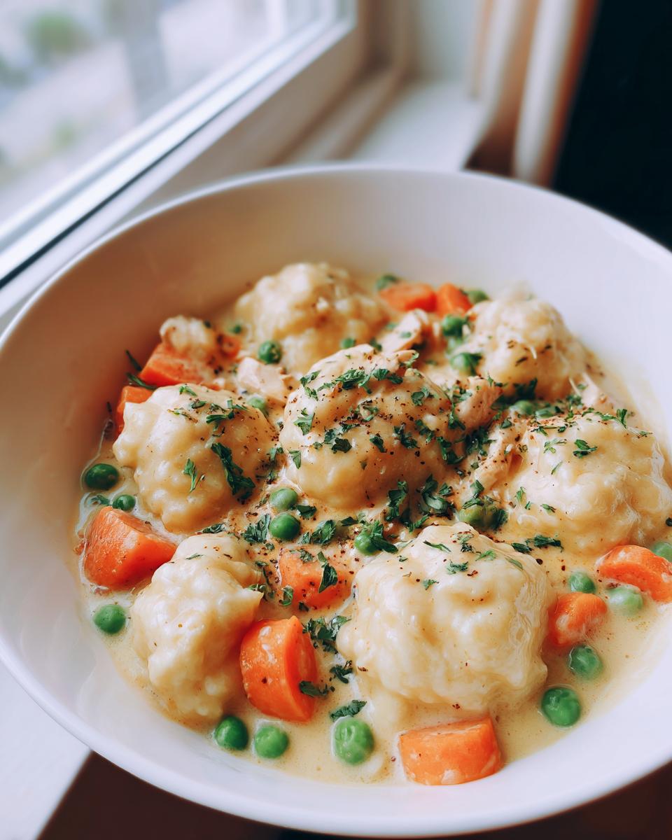Close-up of creamy chicken and dumplings with carrots and peas, garnished with parsley.