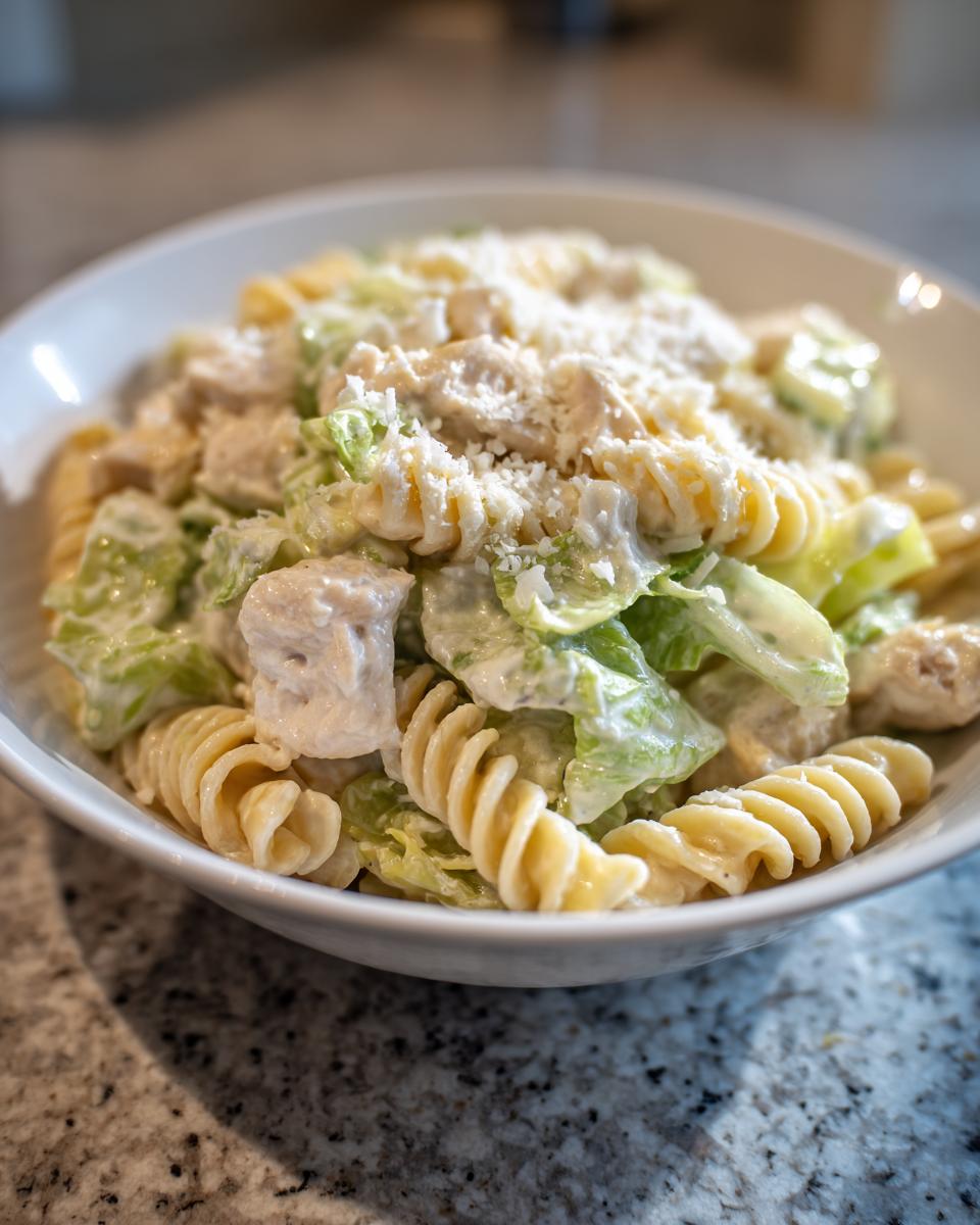 A close-up view of a white bowl filled with creamy chicken caesar pasta salad, featuring rotini pasta, chicken chunks, and lettuce, topped with Parmesan cheese.