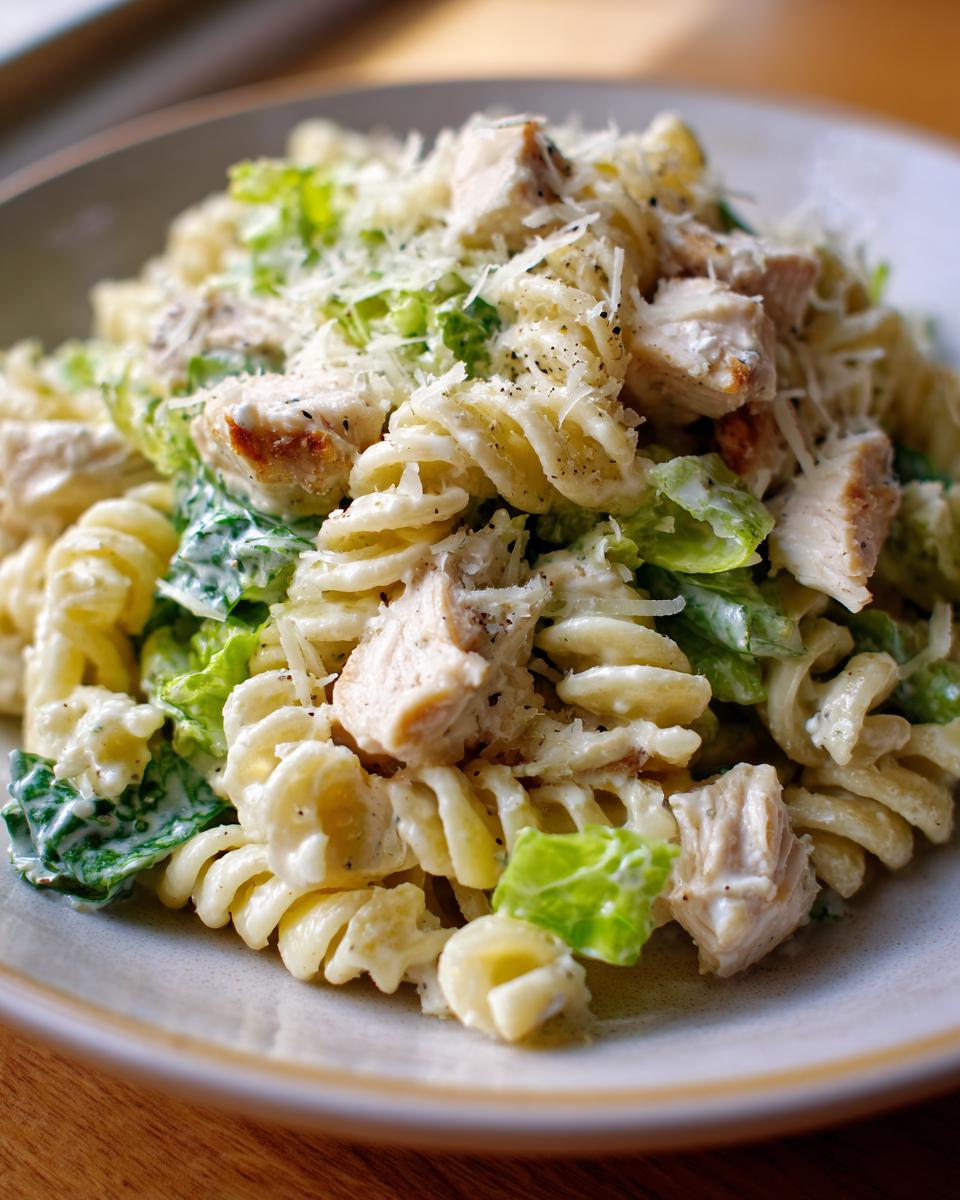 A close-up of a bowl of creamy chicken caesar pasta salad featuring fusilli pasta, chopped chicken, and romaine lettuce, topped with Parmesan.