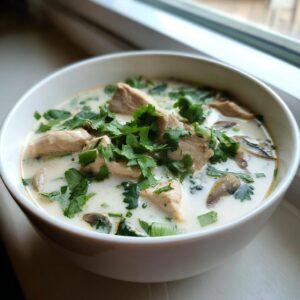 A white bowl filled with creamy chicken coconut soup, topped generously with fresh cilantro and sliced mushrooms.