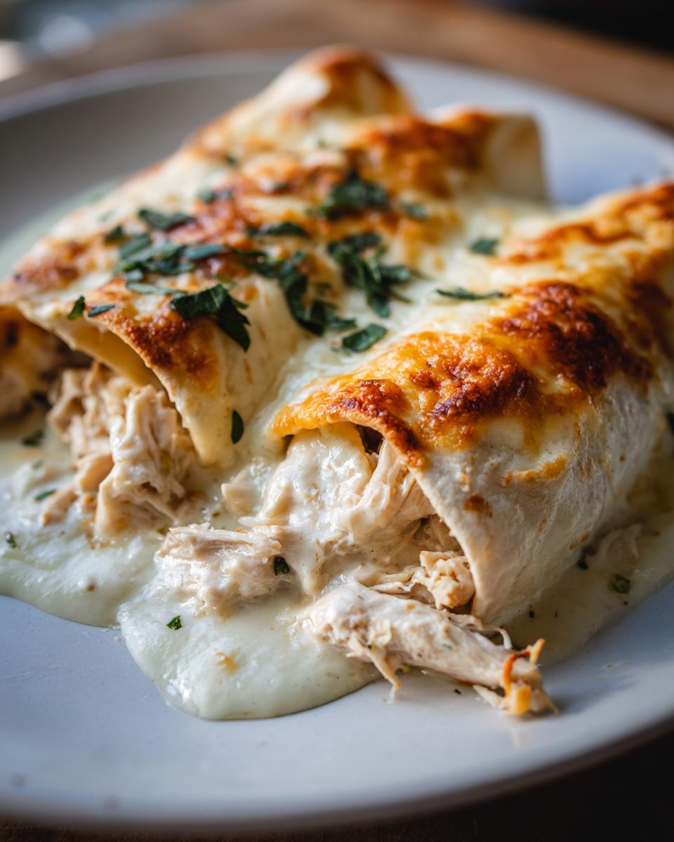 Close-up of two creamy chicken enchiladas covered in melted, browned cheese and fresh parsley.