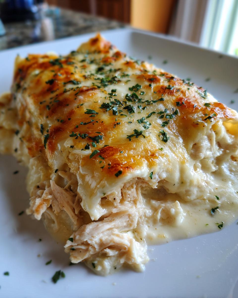 Close-up of a serving of creamy white sauce chicken enchiladas topped with browned cheese and parsley.