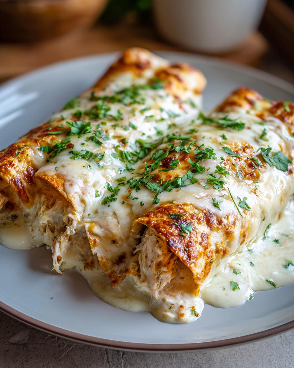 Two creamy chicken enchiladas smothered in melted white cheese sauce and fresh parsley garnish.