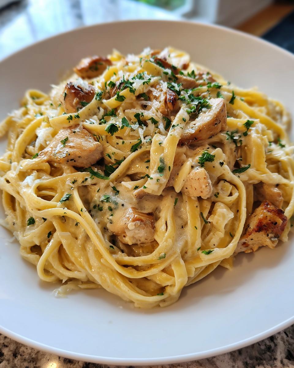 Close-up of creamy chicken pasta featuring fettuccine, diced chicken, and parsley garnish.