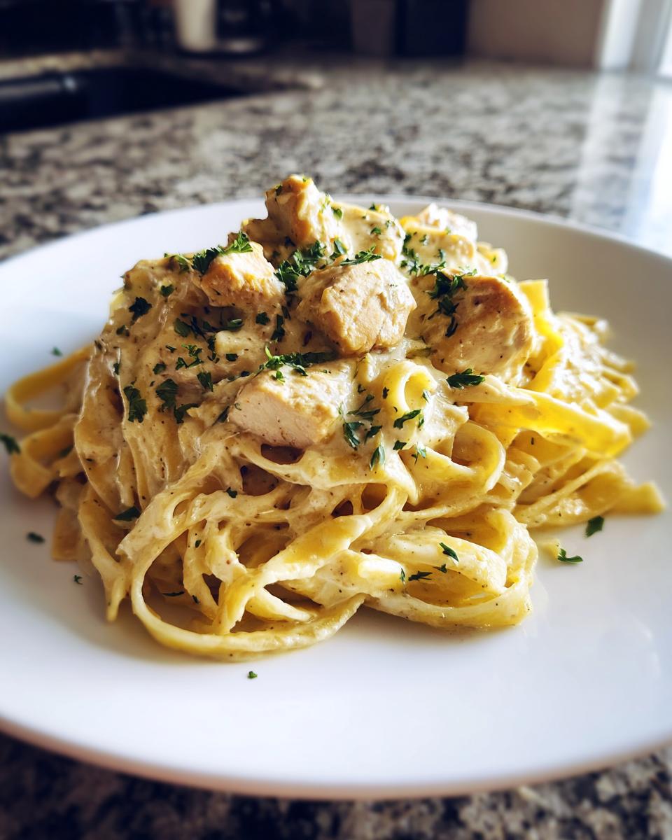 Close-up of creamy chicken pasta featuring fettuccine noodles, diced chicken, and fresh parsley.