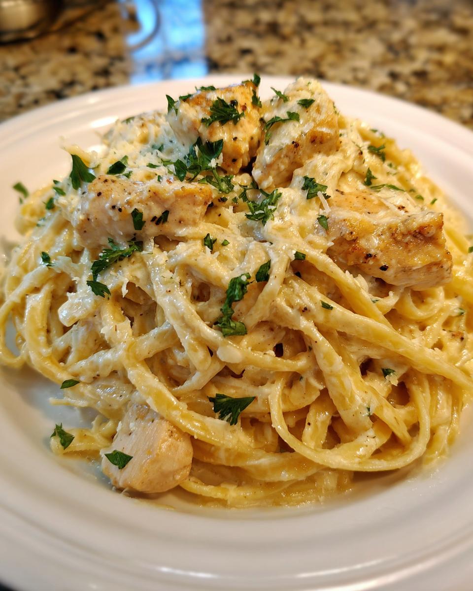 Close-up of creamy chicken pasta tossed in a rich sauce and topped with grilled chicken pieces and fresh parsley.