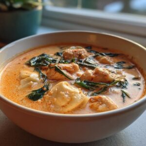 Close-up of a bowl of creamy chicken tortellini soup featuring chunks of chicken, pasta, and wilted spinach.