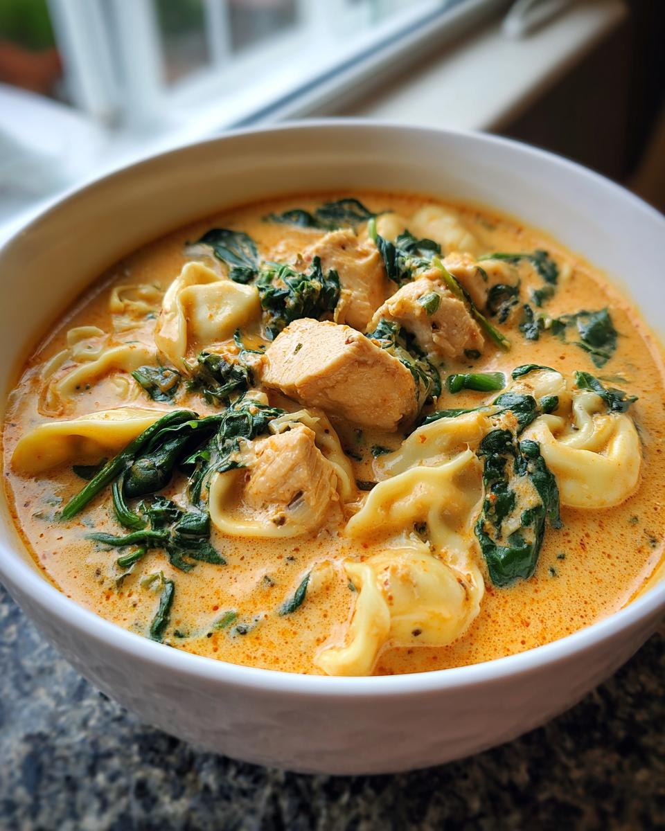 A close-up view of a white bowl filled with creamy chicken tortellini soup, featuring chunks of chicken and wilted spinach.
