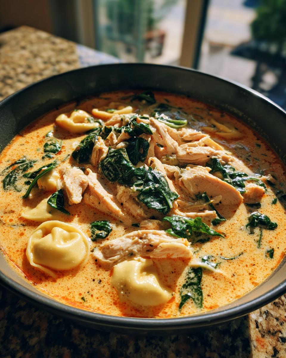 Close-up of a bowl of creamy chicken tortellini soup, featuring shredded chicken, spinach, and cheese tortellini.